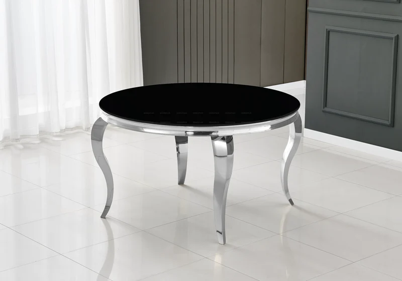 Table à manger ronde verre noir pieds argent - Neo