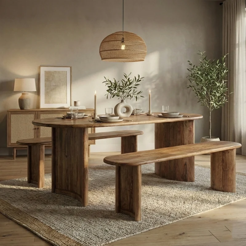Table à manger bord arrondi miel en bois massif acacia - Ellipse