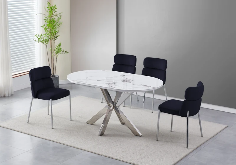 Table ovale marbre blanc et 4 chaises argent – Nora
