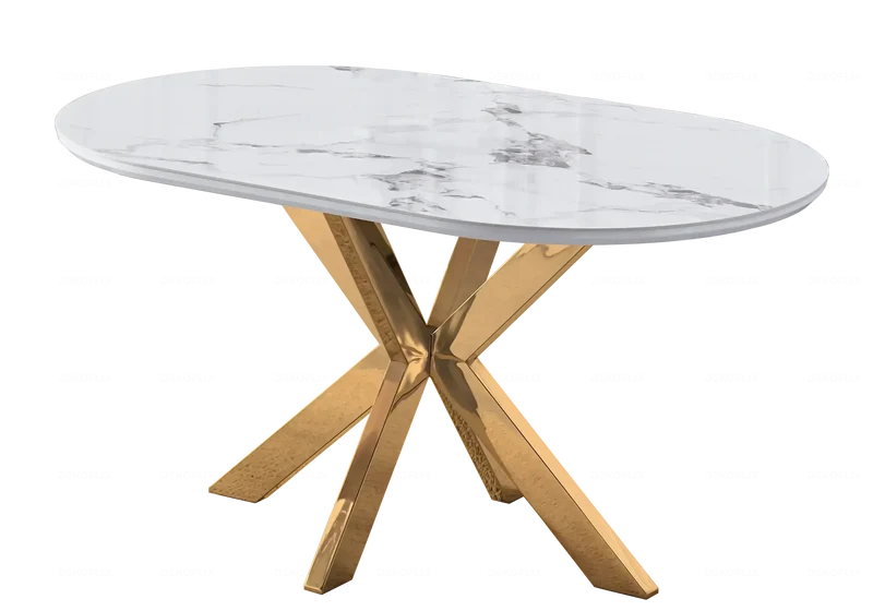 Table ovale marbre blanc et 4 chaises doré – Nora