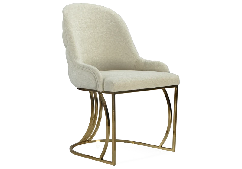 Fauteuils de table en tissu beige capitonnés dorés - Sara x2
