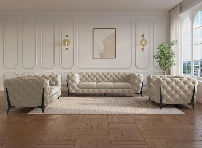 Fauteuil capitonné chesterfield velours beige CARMEN