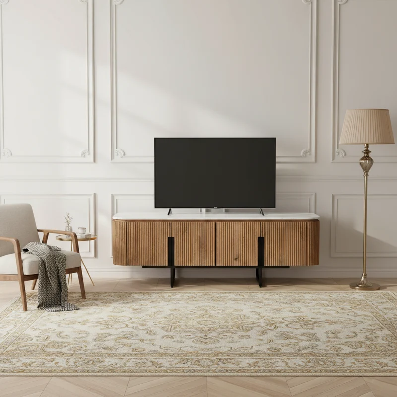 Meuble TV bas 4 portes plateau marbre blanc | Manguier Kfir II