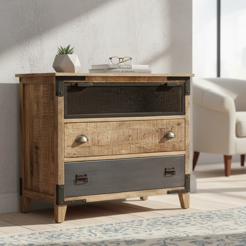 Commode 3 Tiroirs bois brut et métal | Manguier Farm