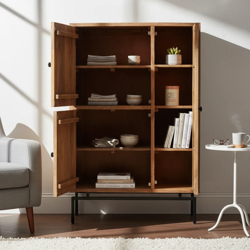 Buffet haut 3 portes en bois massif manguier - Sculture