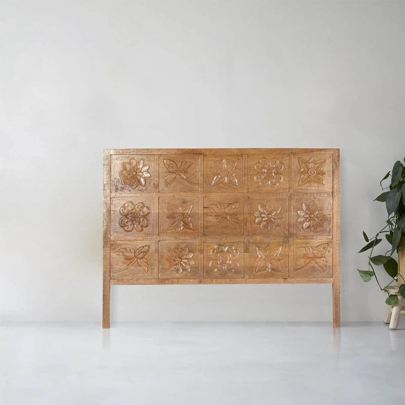 Tête de lit queen size sculptée 160 cm en bois massif manguier - Sculture