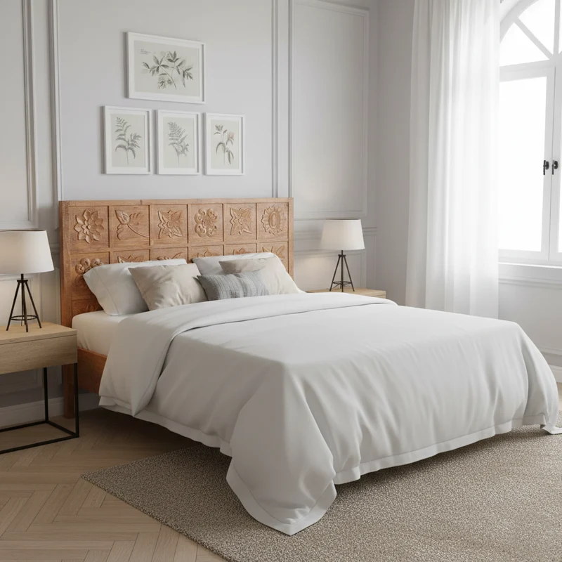 Tête de lit king size sculptée 180 cm en bois manguier massif - Sculture