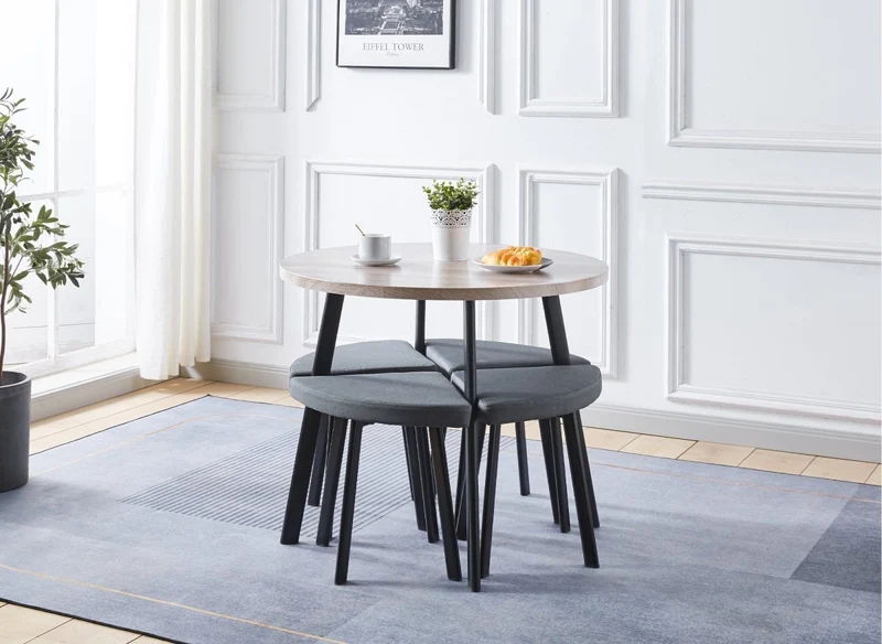 Ensemble table à manger en bois gris clair avec 4 tabourets gris IRINA