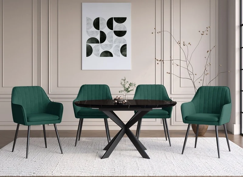 Lot de 2 chaises avec accoudoirs en velours vert pieds noirs EDWIGE