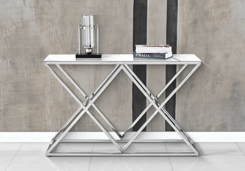 Console d'entrée effet marbre blanc et pied argent - Erly