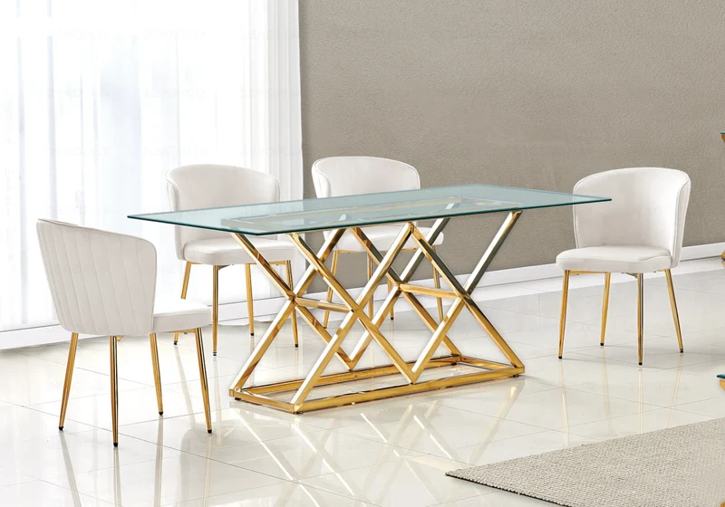 Table à manger en verre transparent et pied doré - Erly