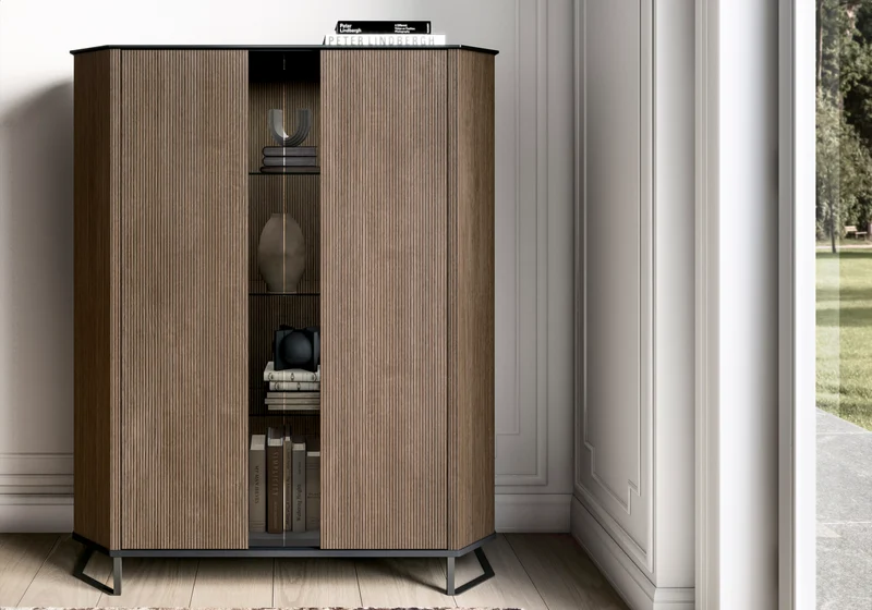 Vitrine argentier bois miel rainuré LED – Hexagon