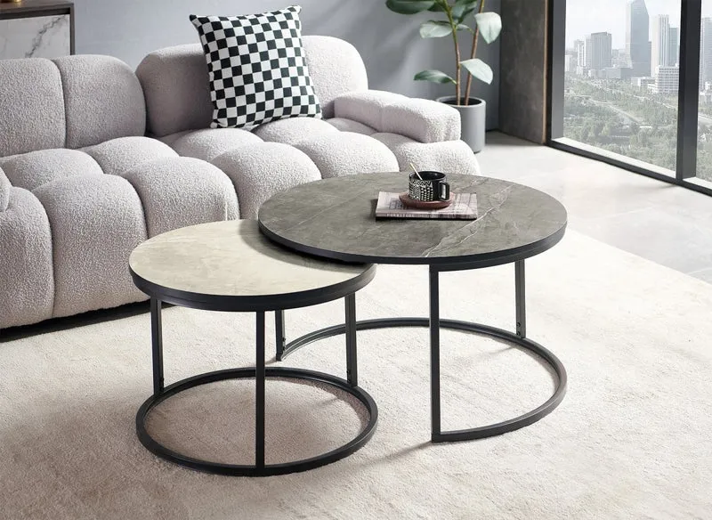 Lot de 2 tables basses rondes gigognes effet marbre DORINE