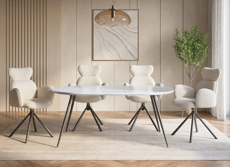 Table à manger ovale effet marbre blanc 160cm DIWAN