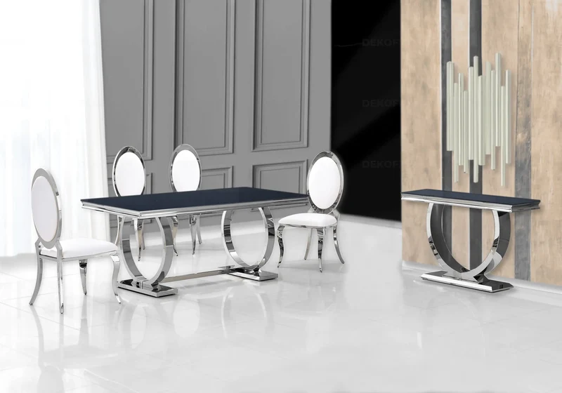 Table verre noir et 4 chaises médaillon argent – Bobo