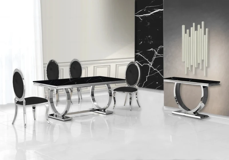 Table marbre noir et 4 chaises médaillon argent – Bobo
