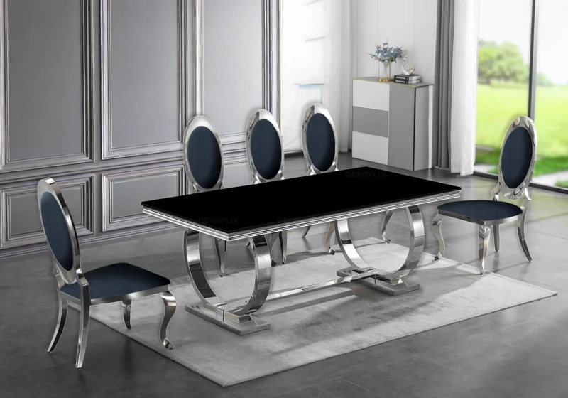 Chaises médaillon simili-cuir noir argent - Aura x4