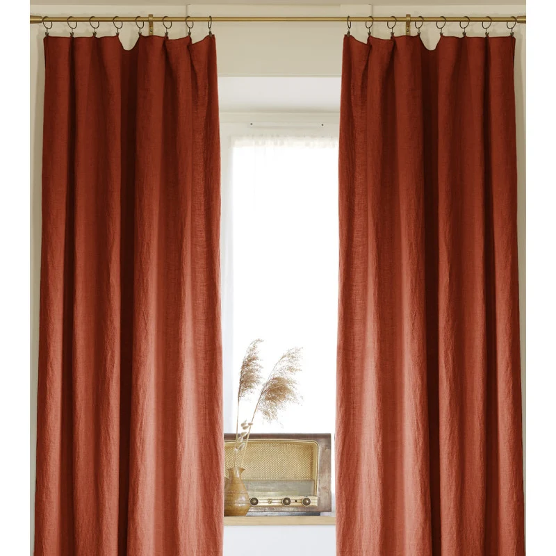 Rideau ajustable + 8 anneaux pince 140 x 270 cm Lin lavé SOLINE Paprika