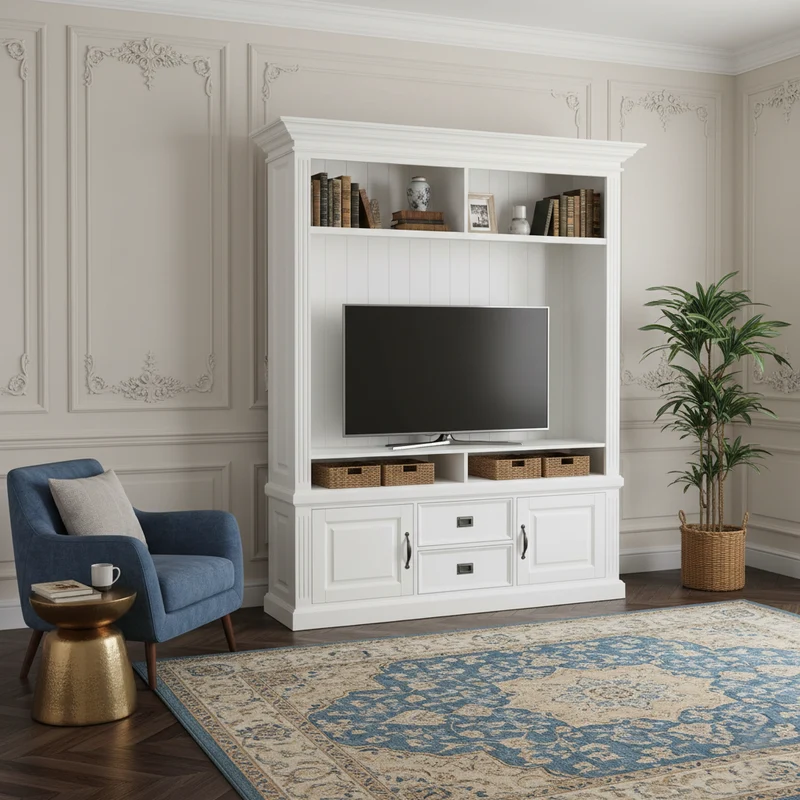 Meuble TV avec étagère 2 portes 2 tiroirs avec des panneaux de bossage "Romance"