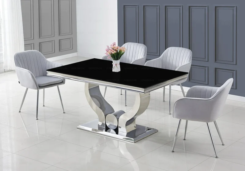 Ensemble table verre noir et chaises argent – Omega