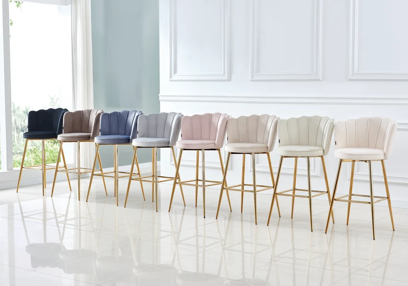 Chaise de bar design coquillage velours gris - Nymea x2