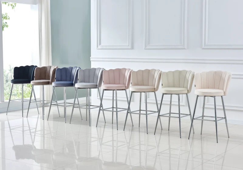 Chaise de bar design coquillage velours gris - Nymea x2