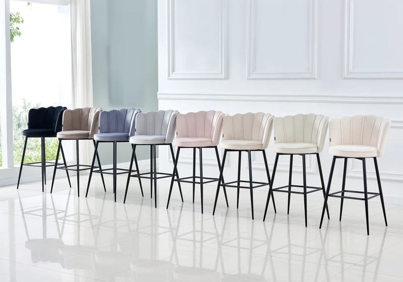Chaise de bar design coquillage velours gris - Nymea x2