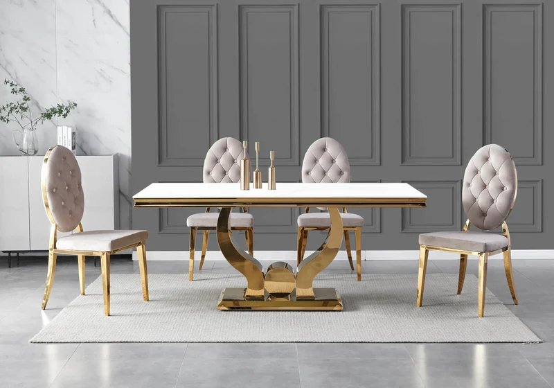 Table verre blanc et 4 chaises capitonnées doré – Omega