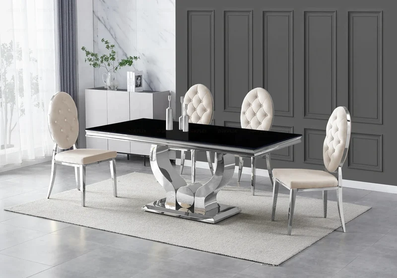 Table verre noir et 4 chaises capitonnées argent – Omega