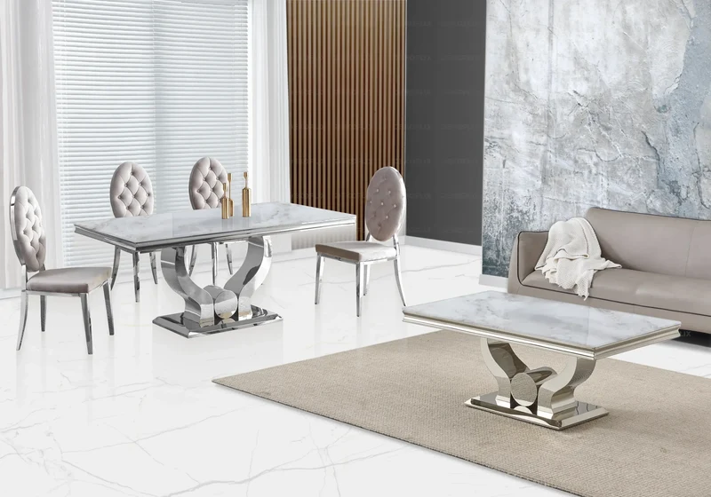 Table marbre beige et 4 chaises capitonnées argent – Omega