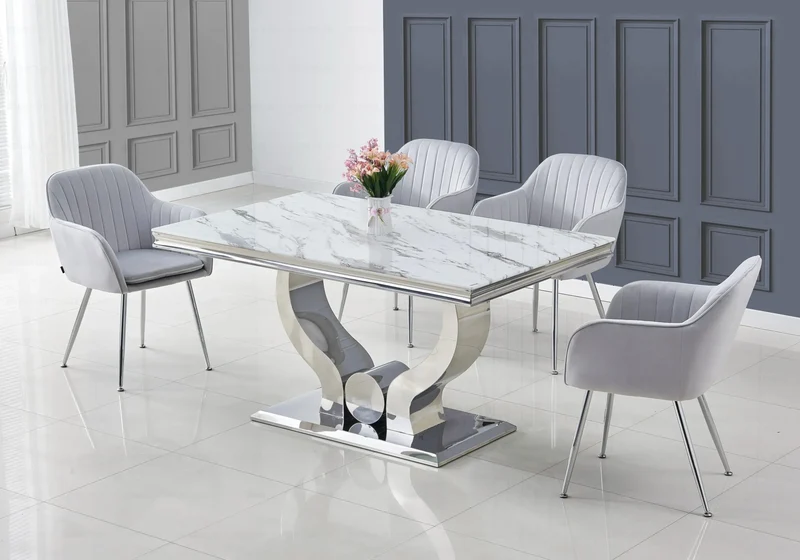 Salle à manger complète marbre blanc argent – Omega