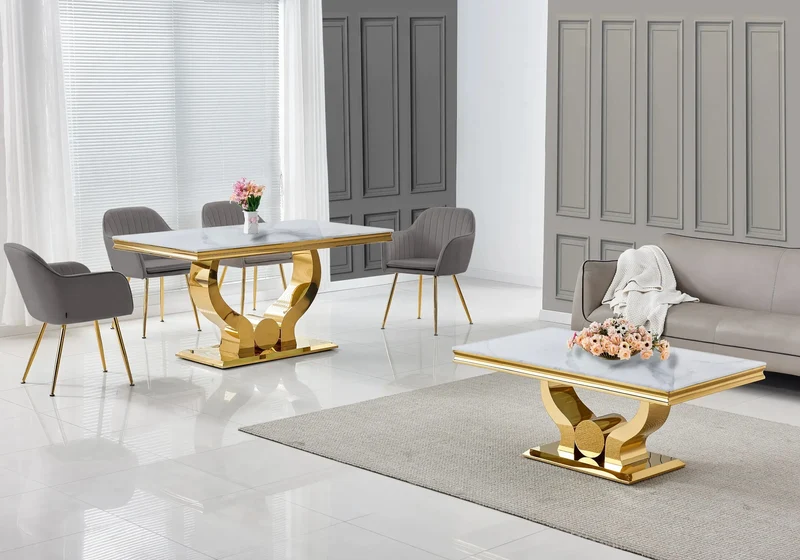 Salle à manger complète marbre blanc doré – Omega