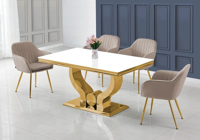 Salle à manger complète verre blanc doré – Omega