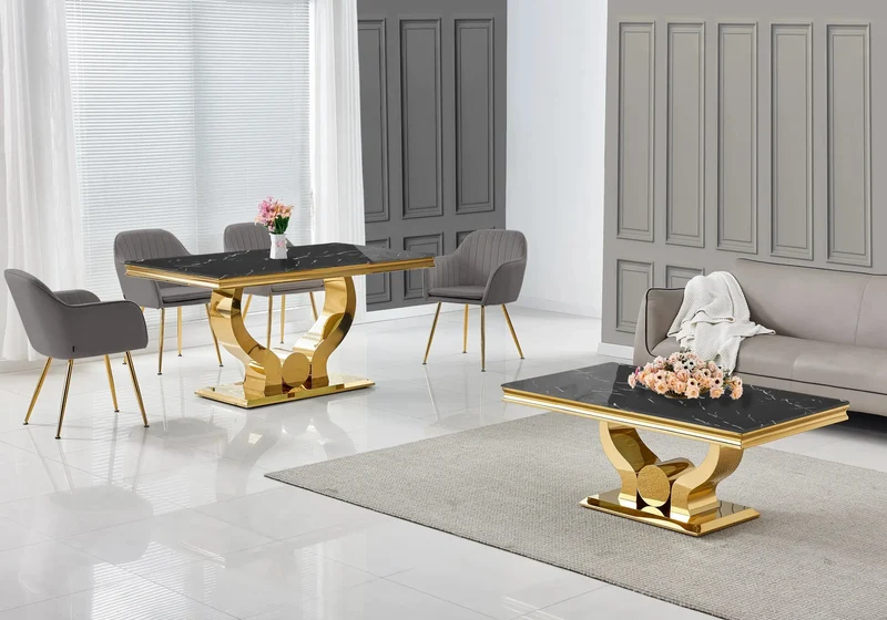 Salle à manger complète marbre noir doré – Omega