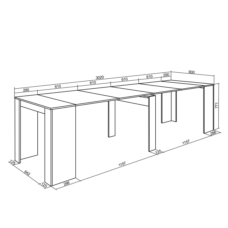 Table console extensible, 300, Pour 14 personnes, Noir et Chene