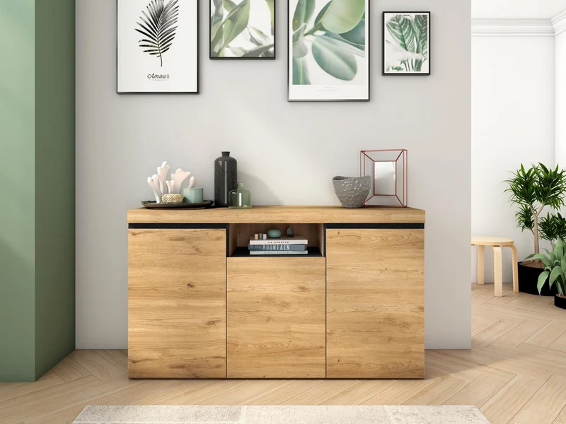 Buffet salon Salle à manger bureau Couleur ''Chêne/Noir'' 3 Portes 1 Compartiment 81x140x40cm, nordique