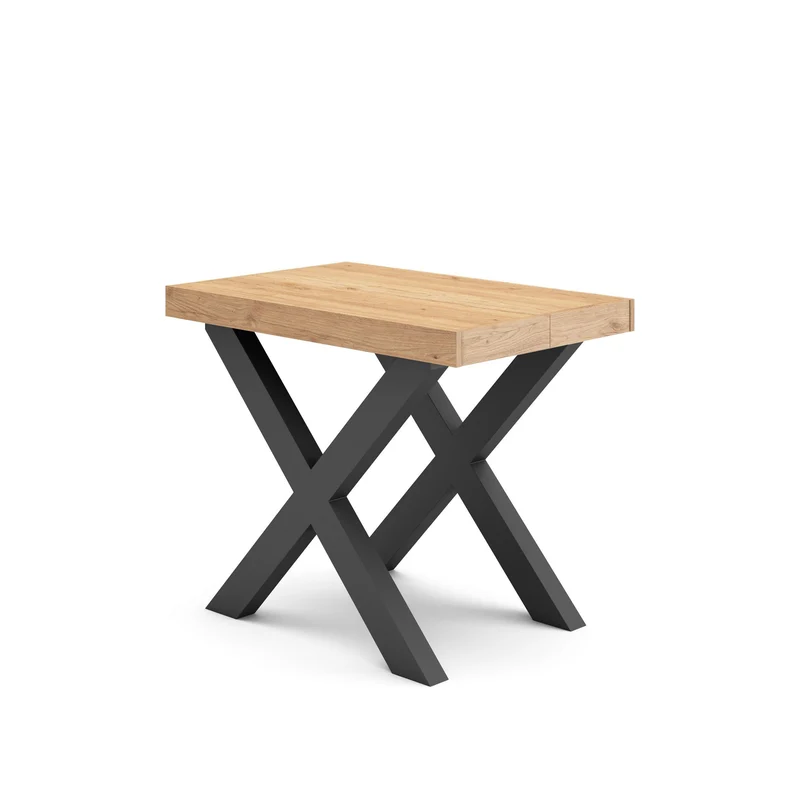 Table console extensible noire & chêne 260 cm – Jusqu’à 12 personnes – Pieds en bois massif noirs en croix