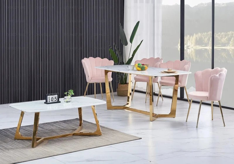 Chaise de table coquillage velours rose pieds noir - Nymea x2