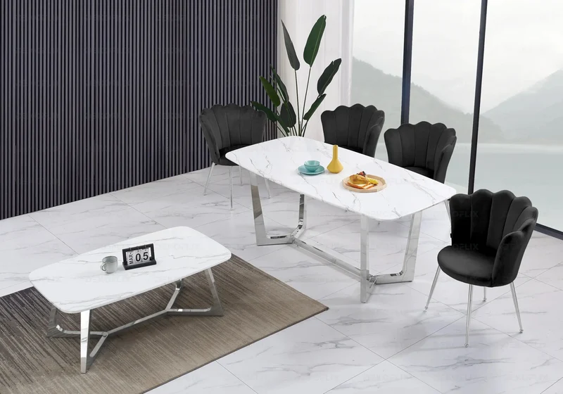 Ensemble salle à manger marbre blanc argent – Gaya