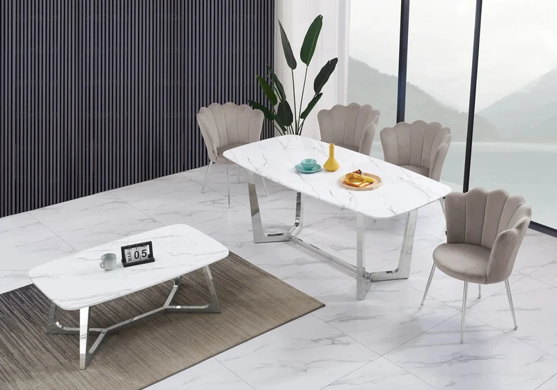 Ensemble salle à manger marbre blanc argent – Gaya