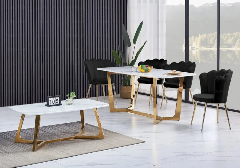 Table marbre blanc et 4 chaises doré - Gaya