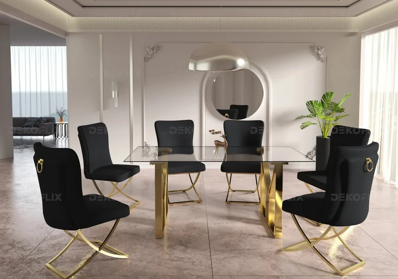 Table et chaises salle à manger dorées noires - Uris