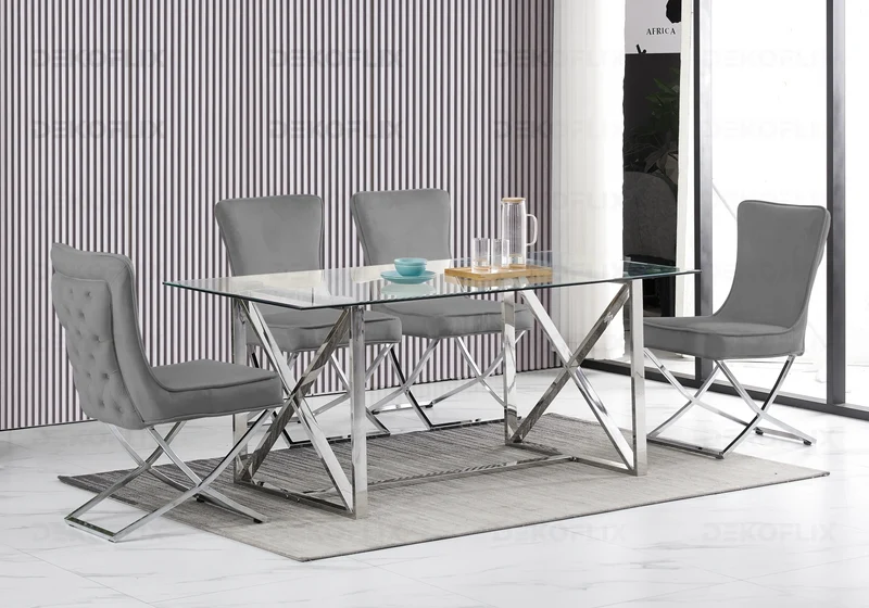 Table verre et 4 chaises velours anthracite argent - Enzo