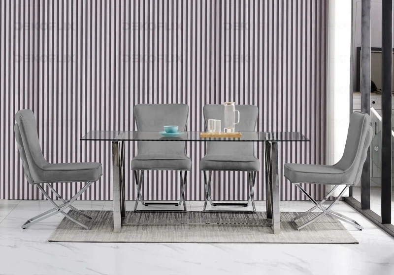 Table verre et 4 chaises velours anthracite argent - Enzo