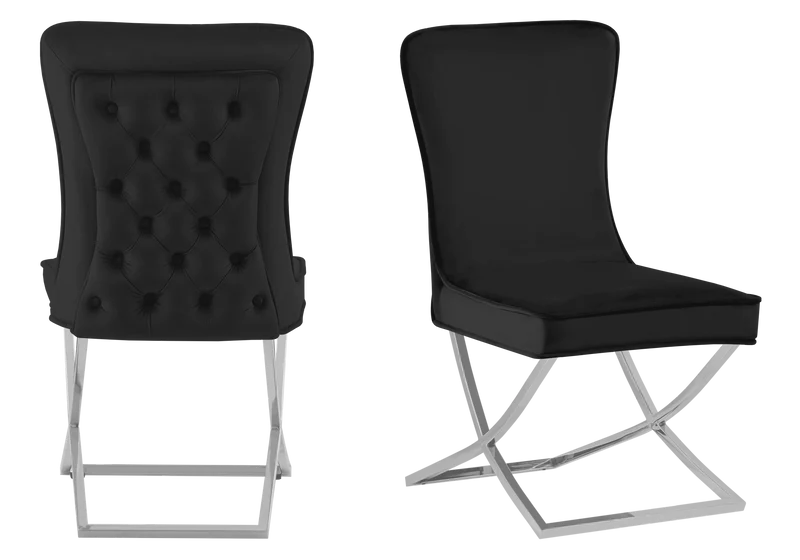 Table verre et 4 chaises velours noir argent - Enzo
