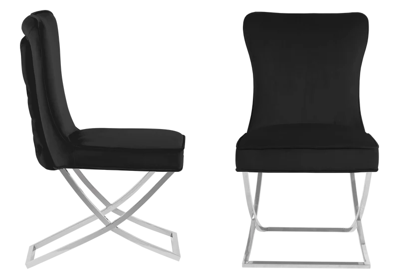 Table verre et 4 chaises velours noir argent - Enzo