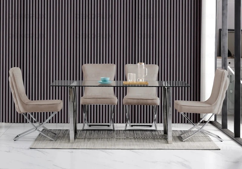 Table verre et 4 chaises velours taupe argent - Enzo