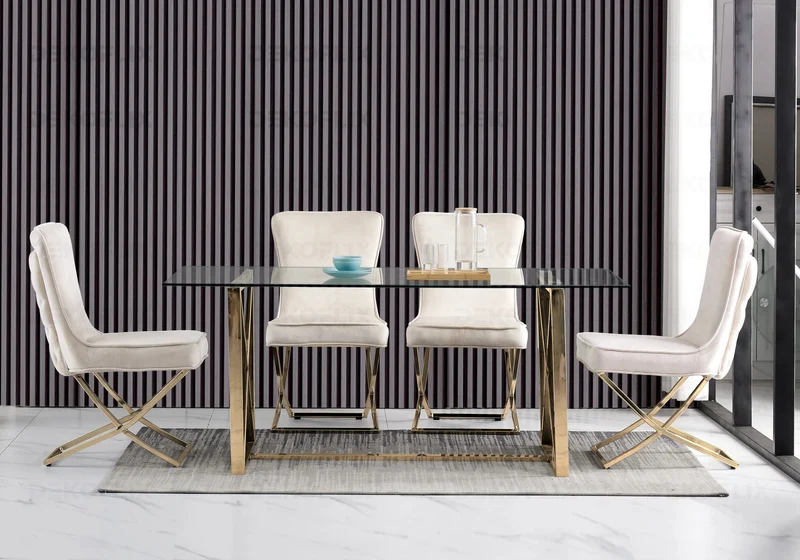 Table verre et 4 chaises velours beige dorée - Enzo