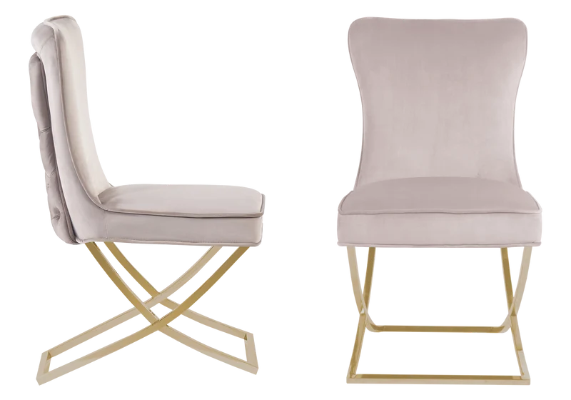 Table verre et 4 chaises velours beige dorée - Enzo