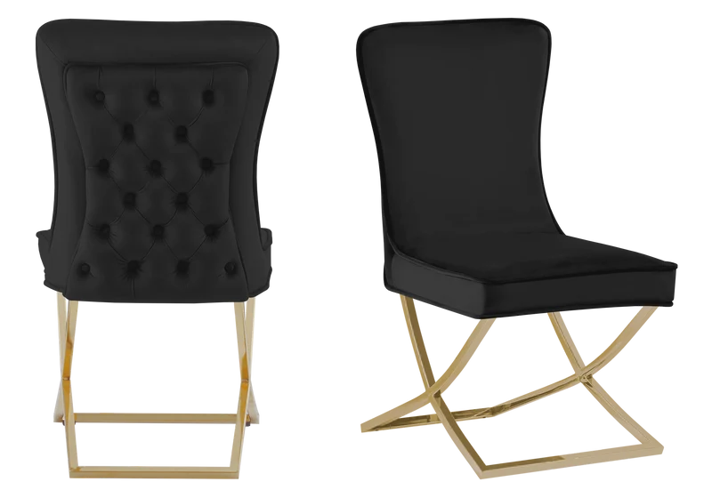 Table verre et 4 chaises velours noir dorée - Enzo